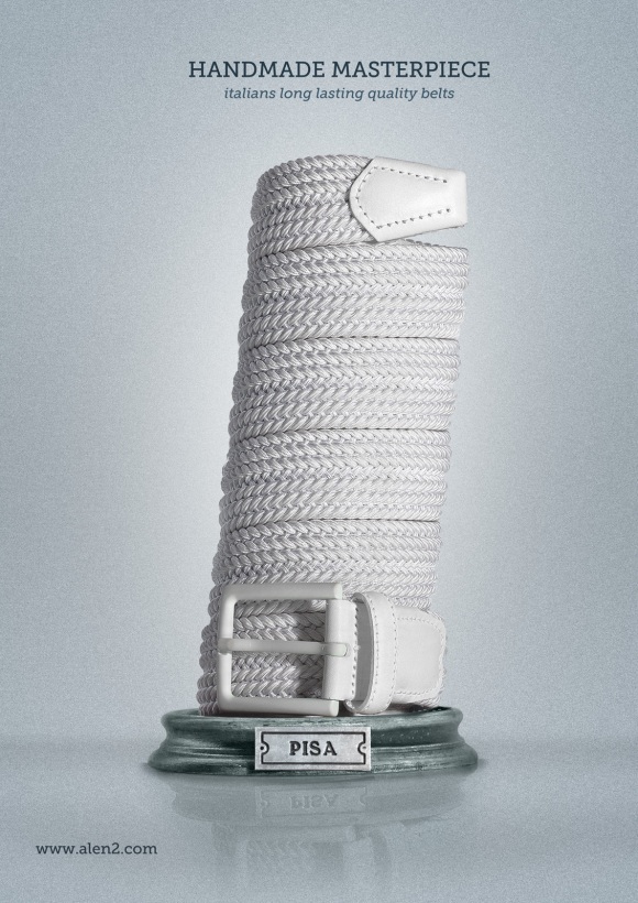 An image of a belt made to look like the Leaning Tower of Pisa